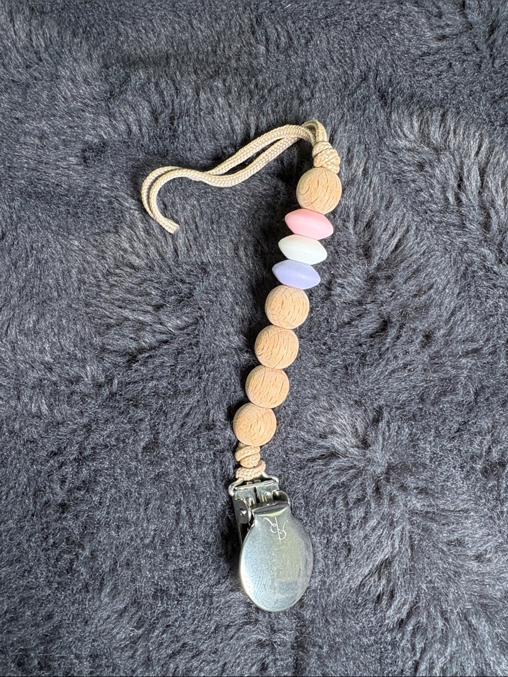 Neutral Wood Bead Pacifier Clip with Pink and Lavender Accents